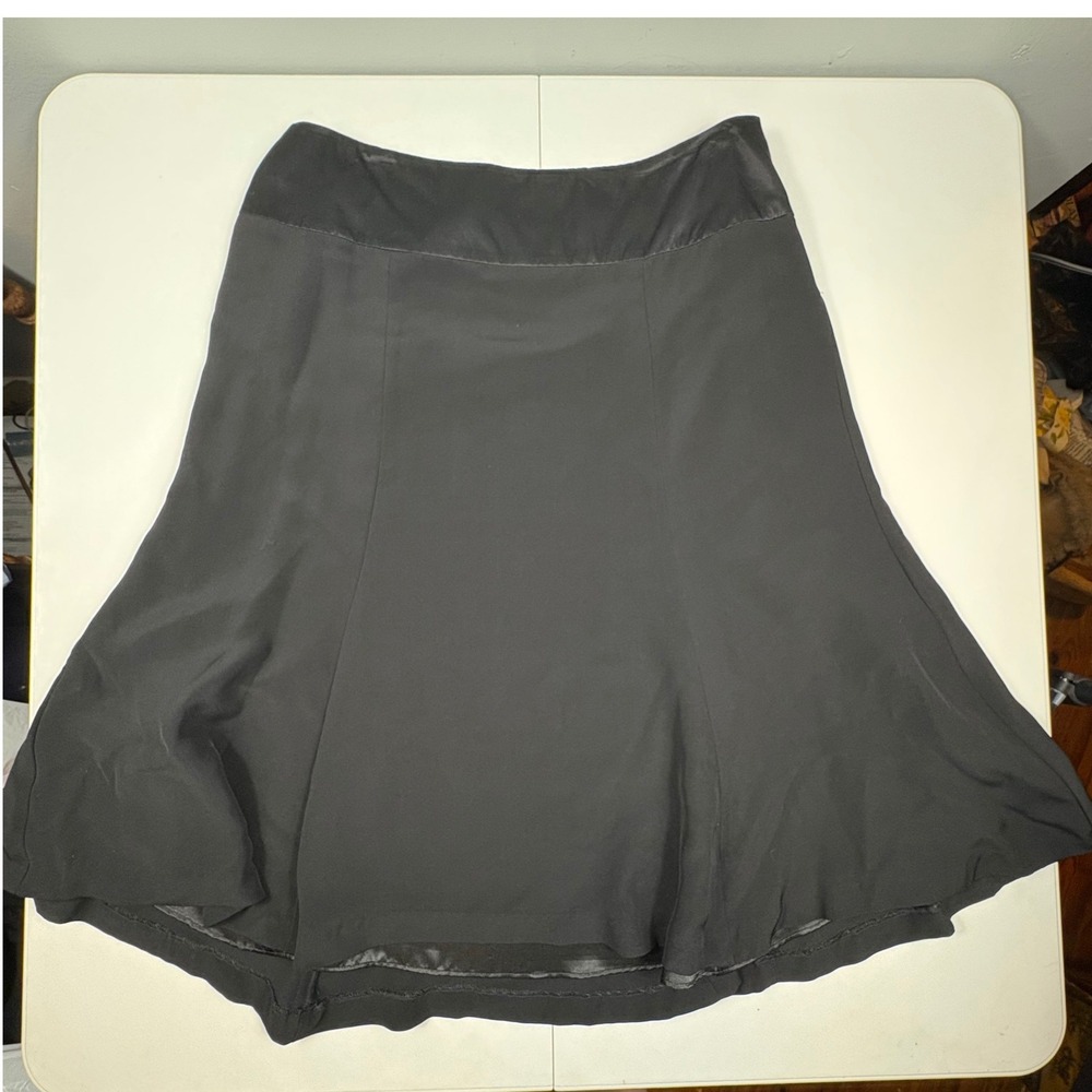NWT 100% Silk Black Midi Skirt Satin‎ Waist Flare Women's 14